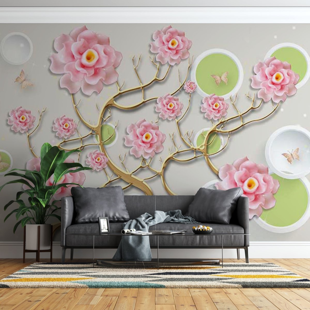 Fototapet Golden Curved Tree with Pink Flowers - clevny.ro