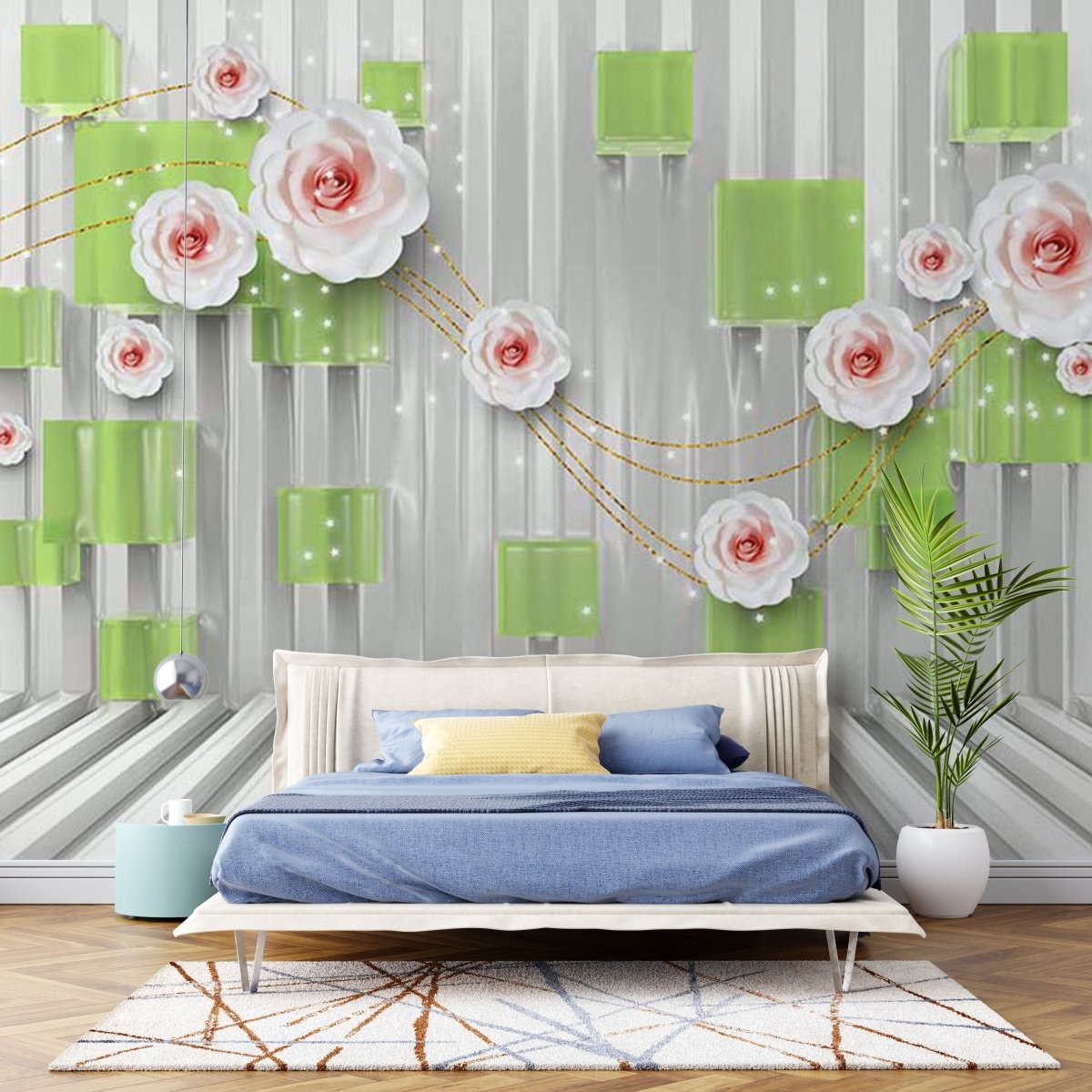 Fototapet Green Cubes and White Roses - clevny.ro