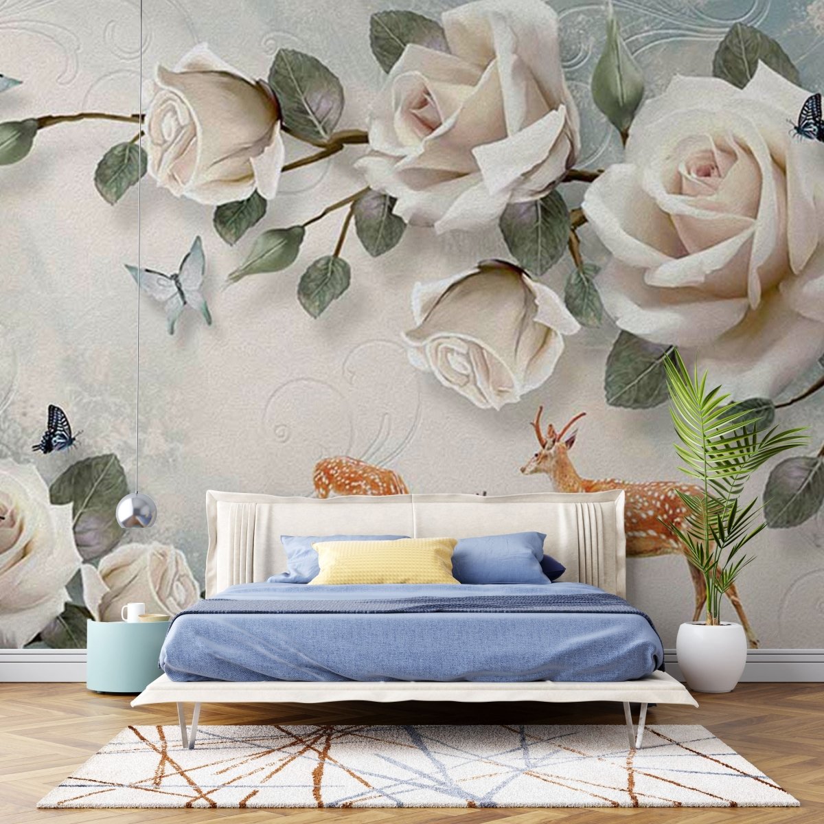 Fototapet Large Beige Roses with Butterflies - clevny.ro