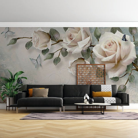 Fototapet Large Beige Roses with Butterflies - clevny.ro