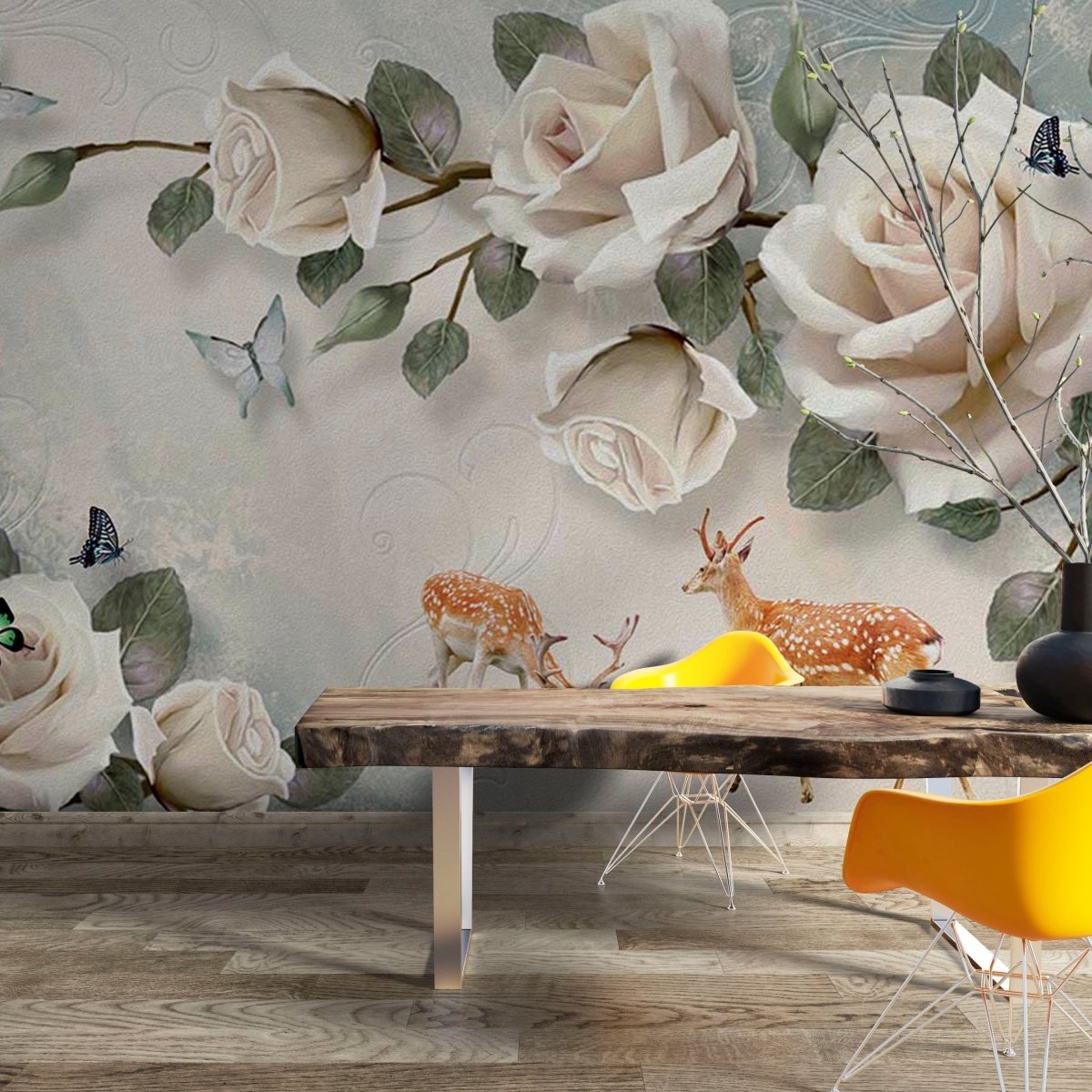 Fototapet Large Beige Roses with Butterflies - clevny.ro