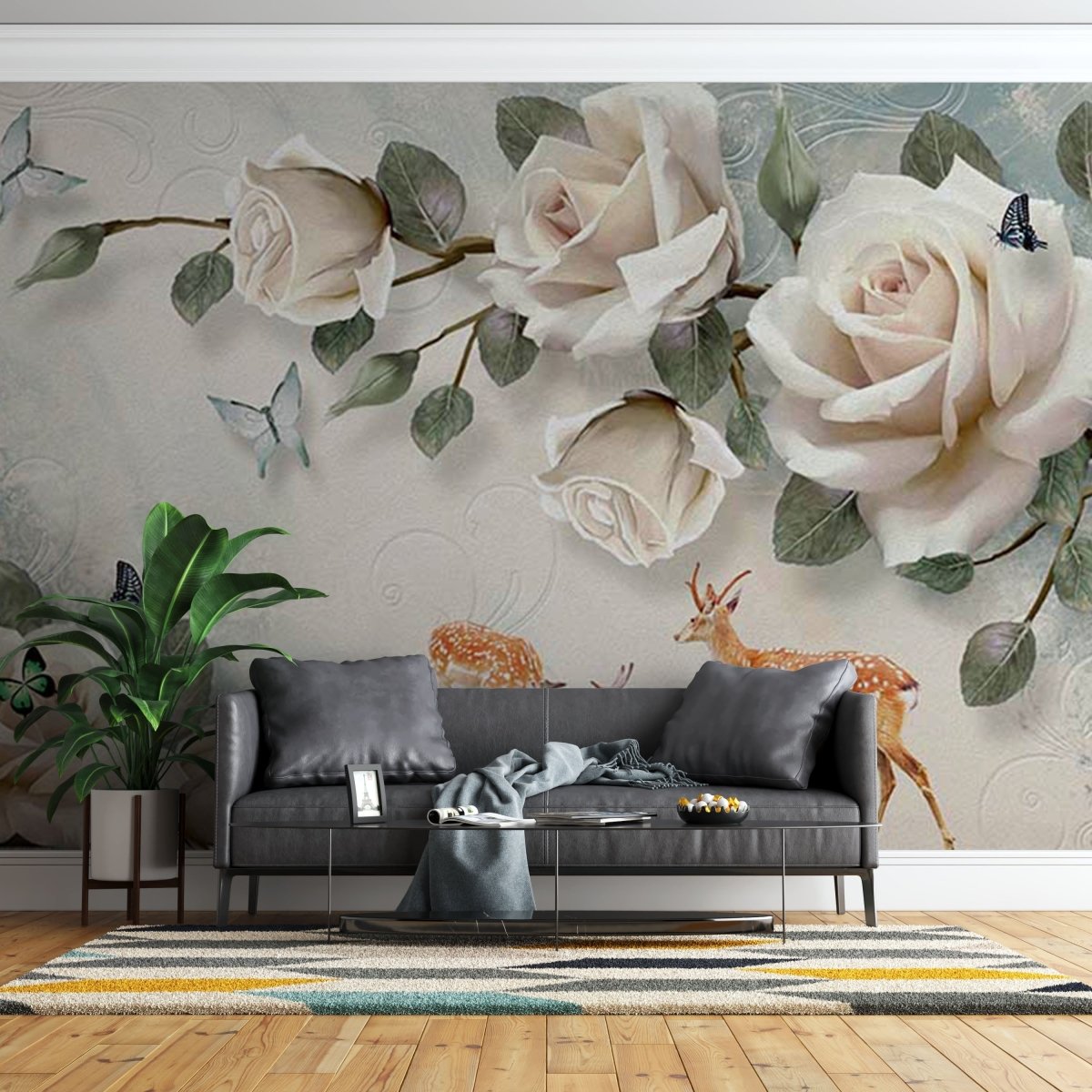 Fototapet Large Beige Roses with Butterflies - clevny.ro
