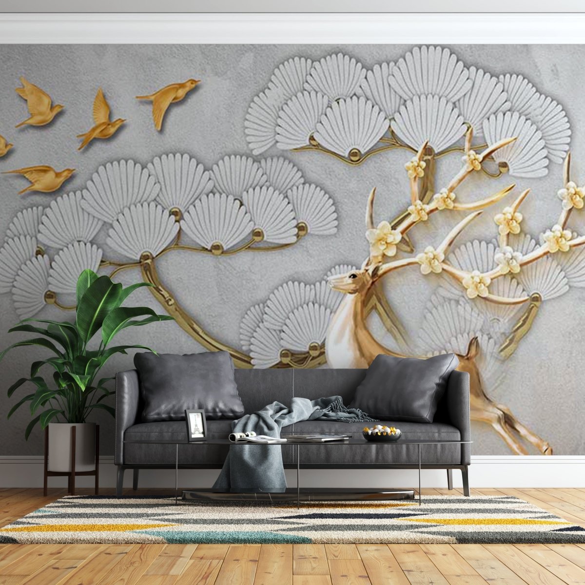 Fototapet Large Golden Tree with Abstract Flowers - clevny.ro