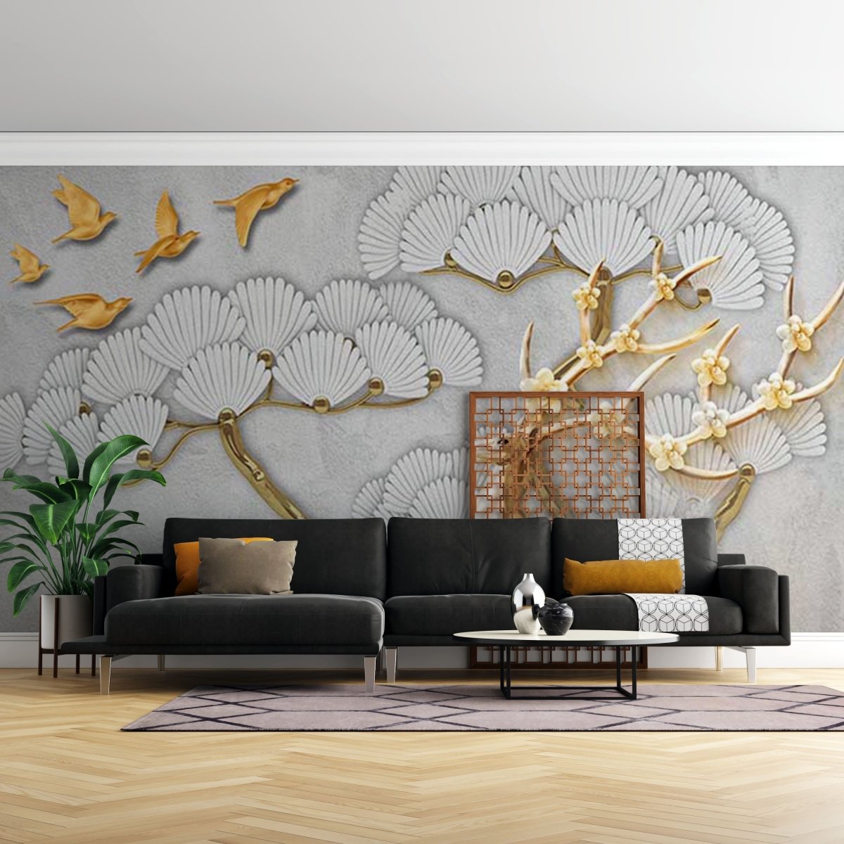 Fototapet Large Golden Tree with Abstract Flowers - clevny.ro