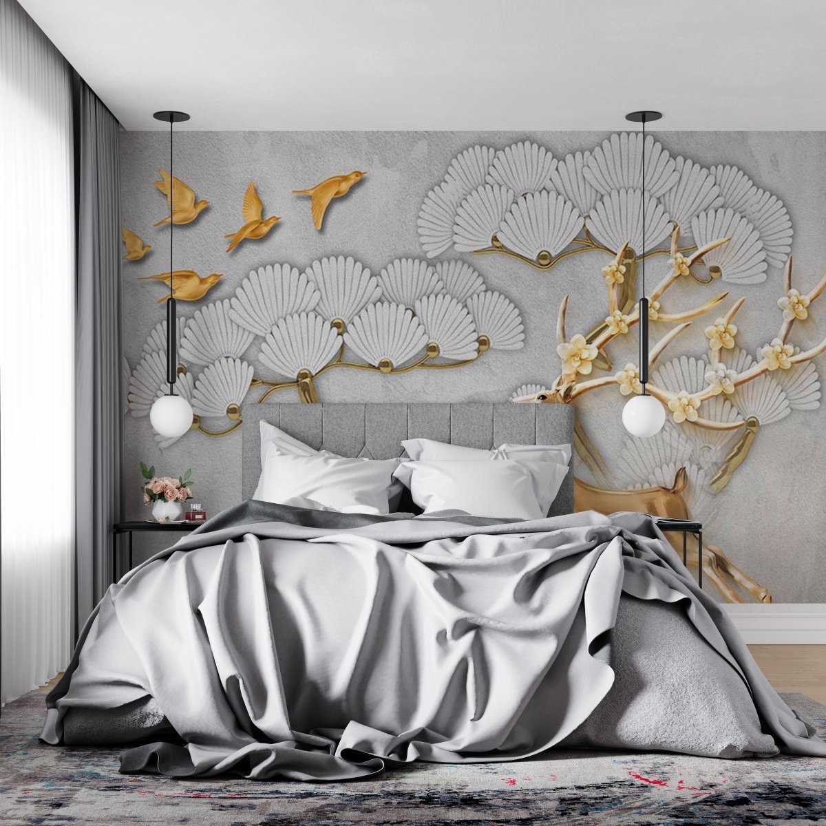 Fototapet Large Golden Tree with Abstract Flowers - clevny.ro