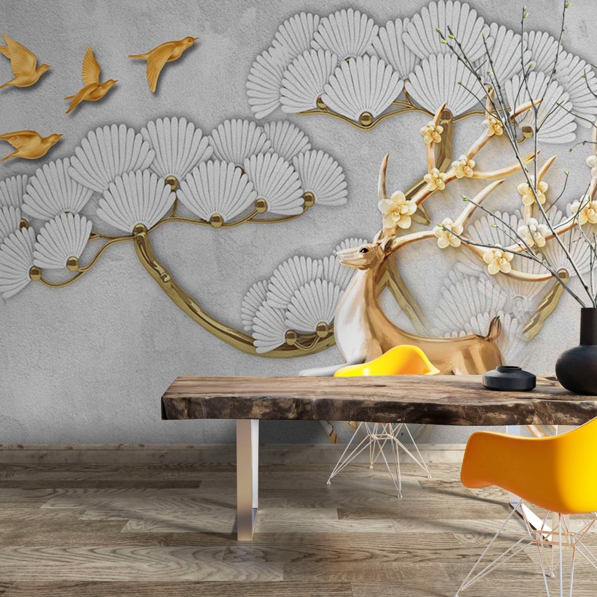 Fototapet Large Golden Tree with Abstract Flowers - clevny.ro