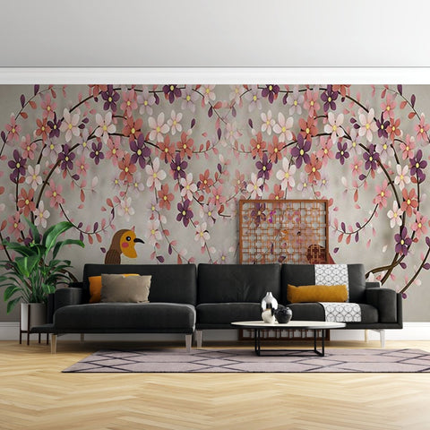 Fototapet Multi-Colored Flowering Trees with Birds - clevny.ro