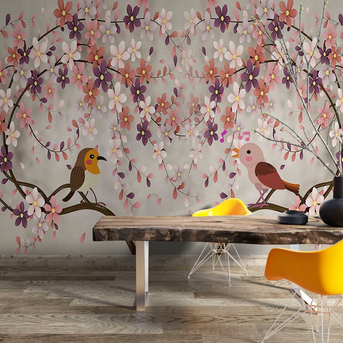 Fototapet Multi-Colored Flowering Trees with Birds - clevny.ro