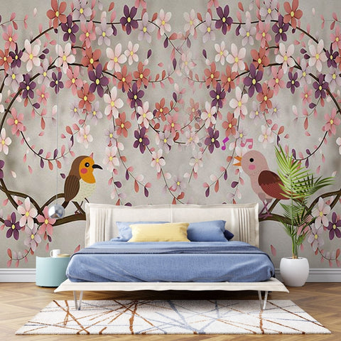 Fototapet Multi-Colored Flowering Trees with Birds - clevny.ro