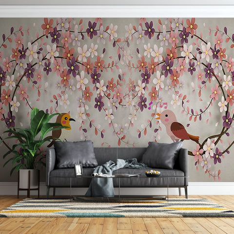 Fototapet Multi-Colored Flowering Trees with Birds - clevny.ro