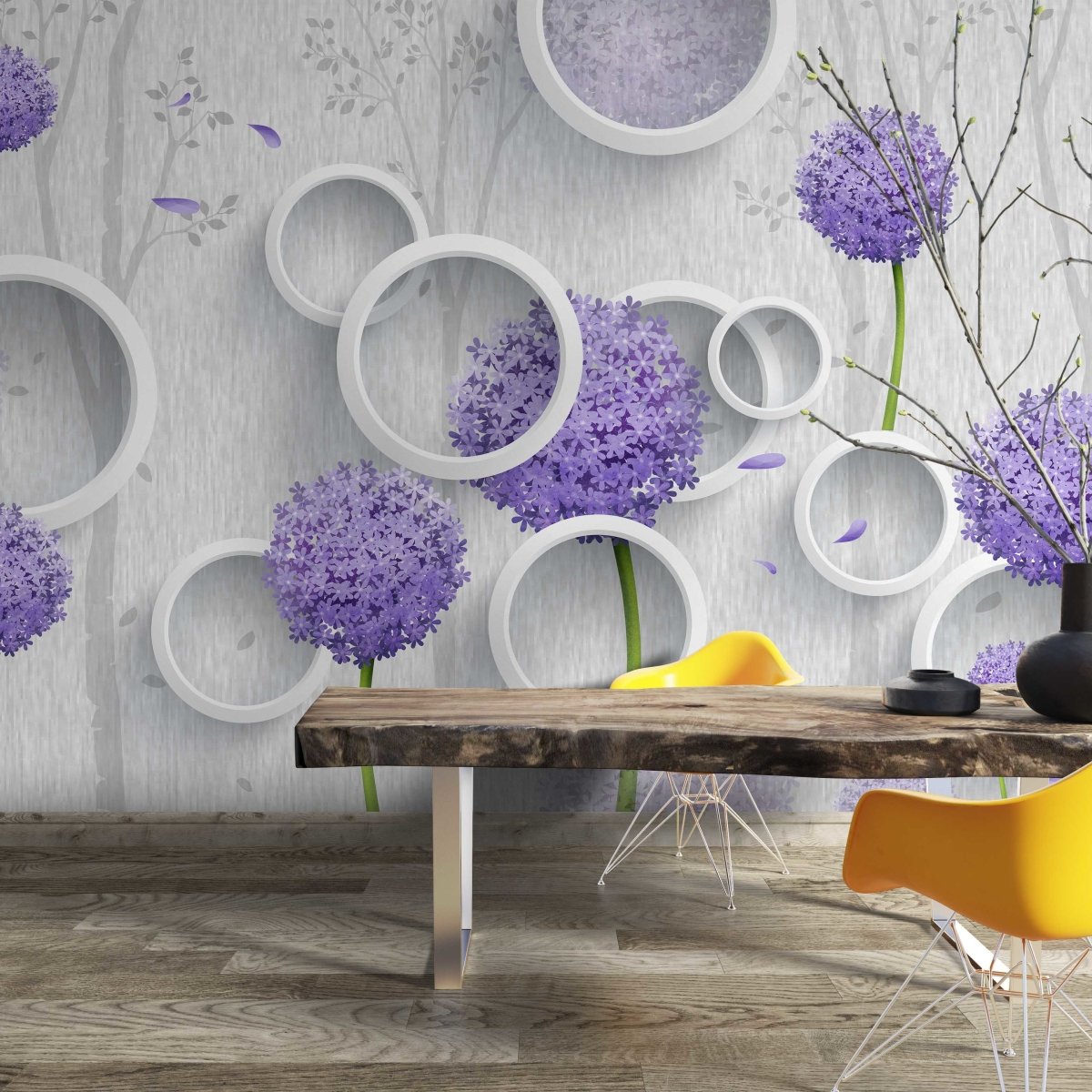 Fototapet Purple Dandelions with Circles - clevny.ro