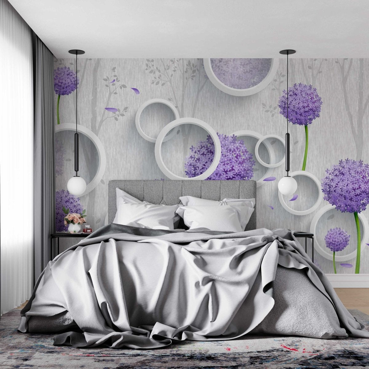 Fototapet Purple Dandelions with Circles - clevny.ro