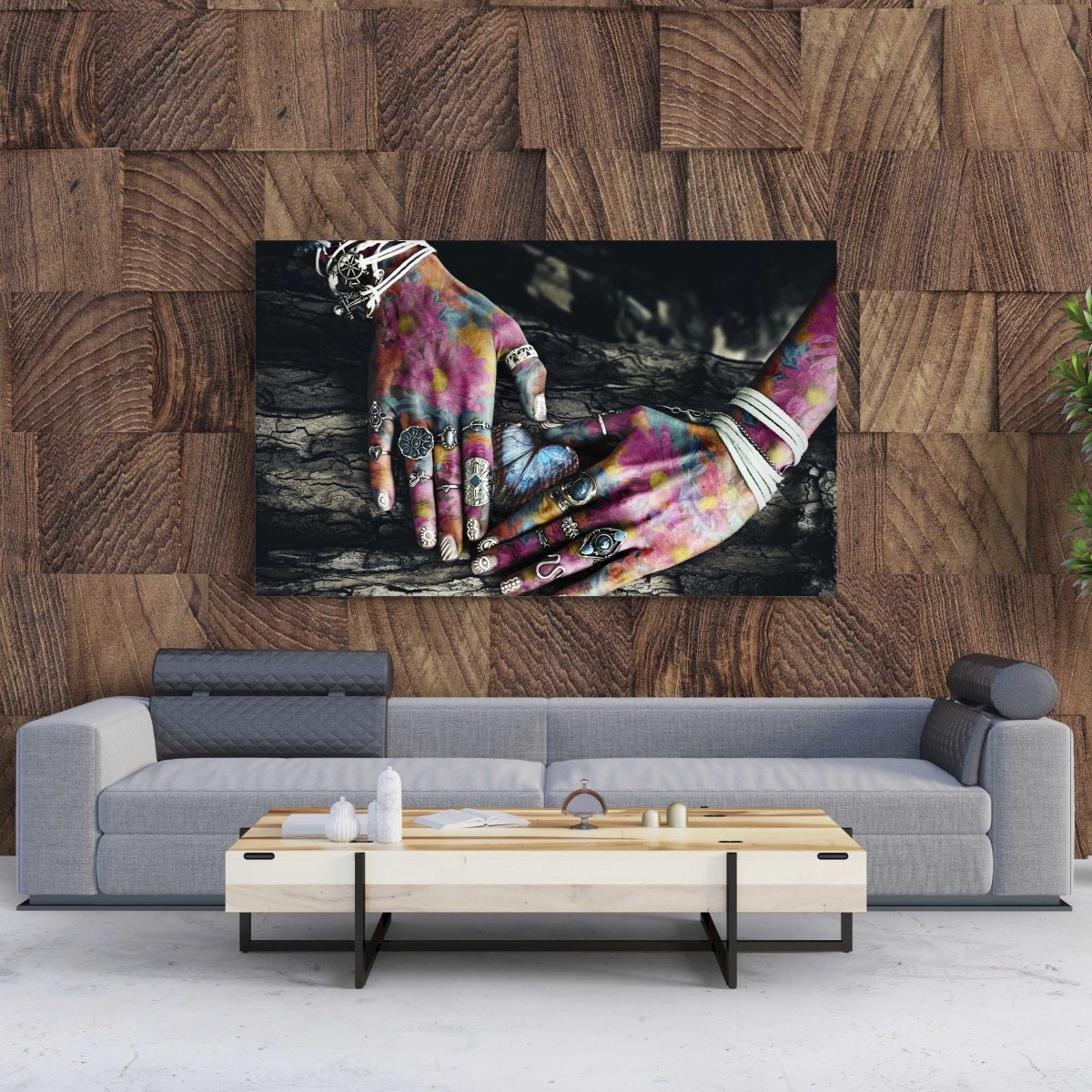 Tablou Canvas Colorful Hands on Tree Surface - clevny.ro
