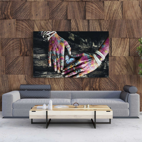 Tablou Canvas Colorful Hands on Tree Surface - clevny.ro