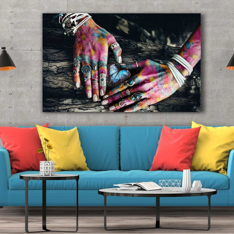 Tablou Canvas Colorful Hands on Tree Surface - clevny.ro