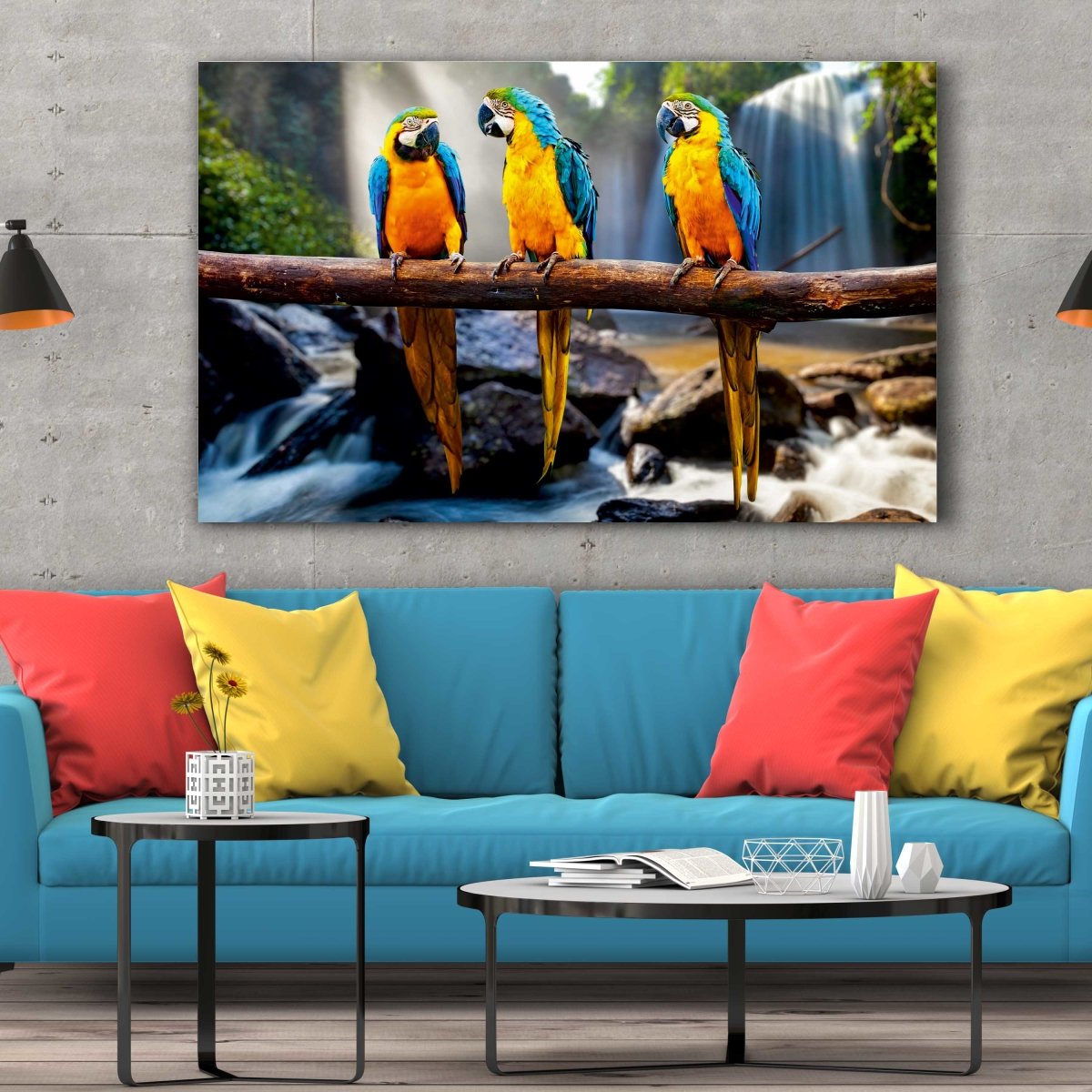 Tablou Canvas Colorful Parrot Waterfall - clevny.ro