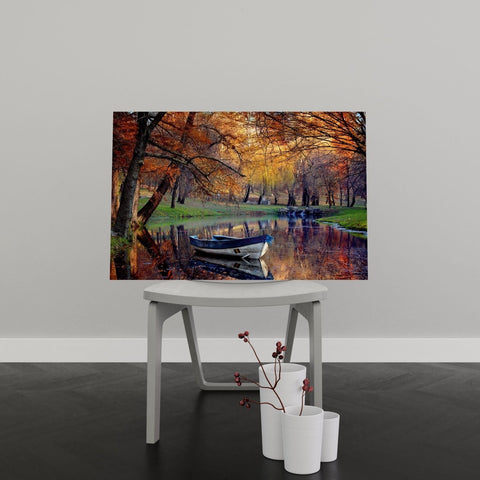 Tablou Canvas Old Boat in Pond with Fall Trees - clevny.ro
