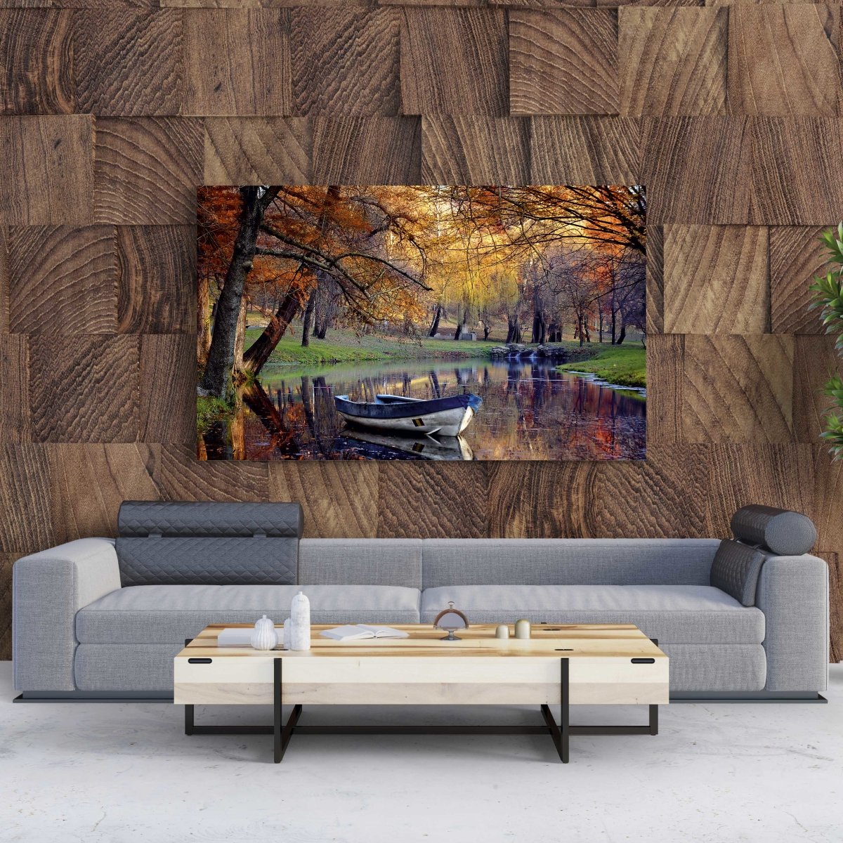 Tablou Canvas Old Boat in Pond with Fall Trees - clevny.ro