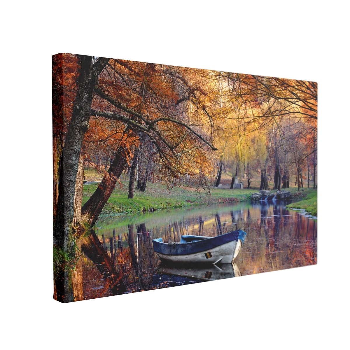 Tablou Canvas Old Boat in Pond with Fall Trees - clevny.ro