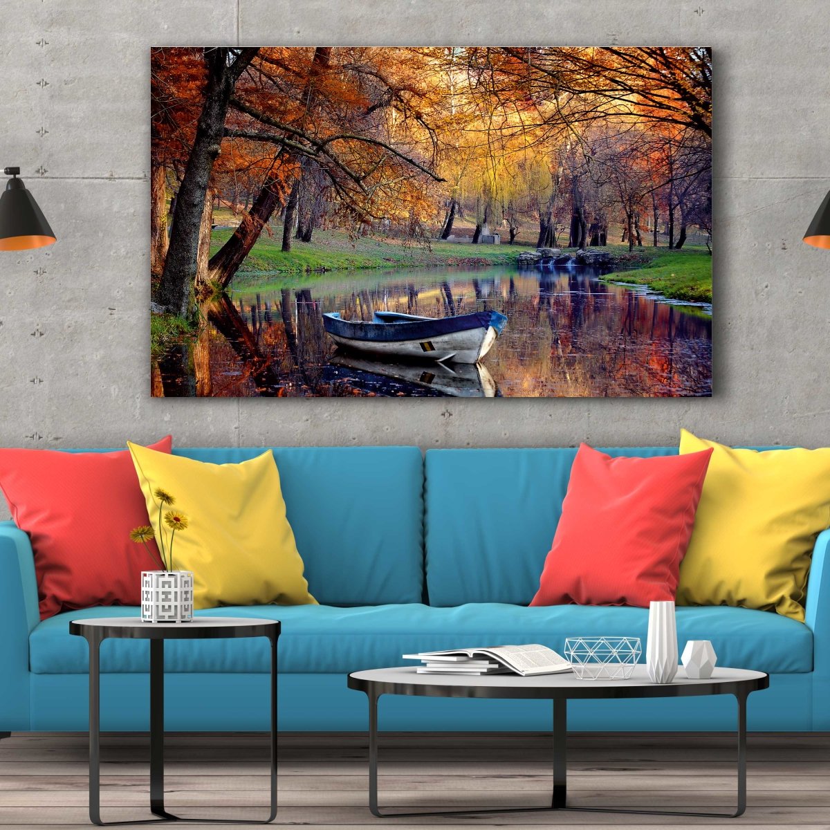 Tablou Canvas Old Boat in Pond with Fall Trees - clevny.ro