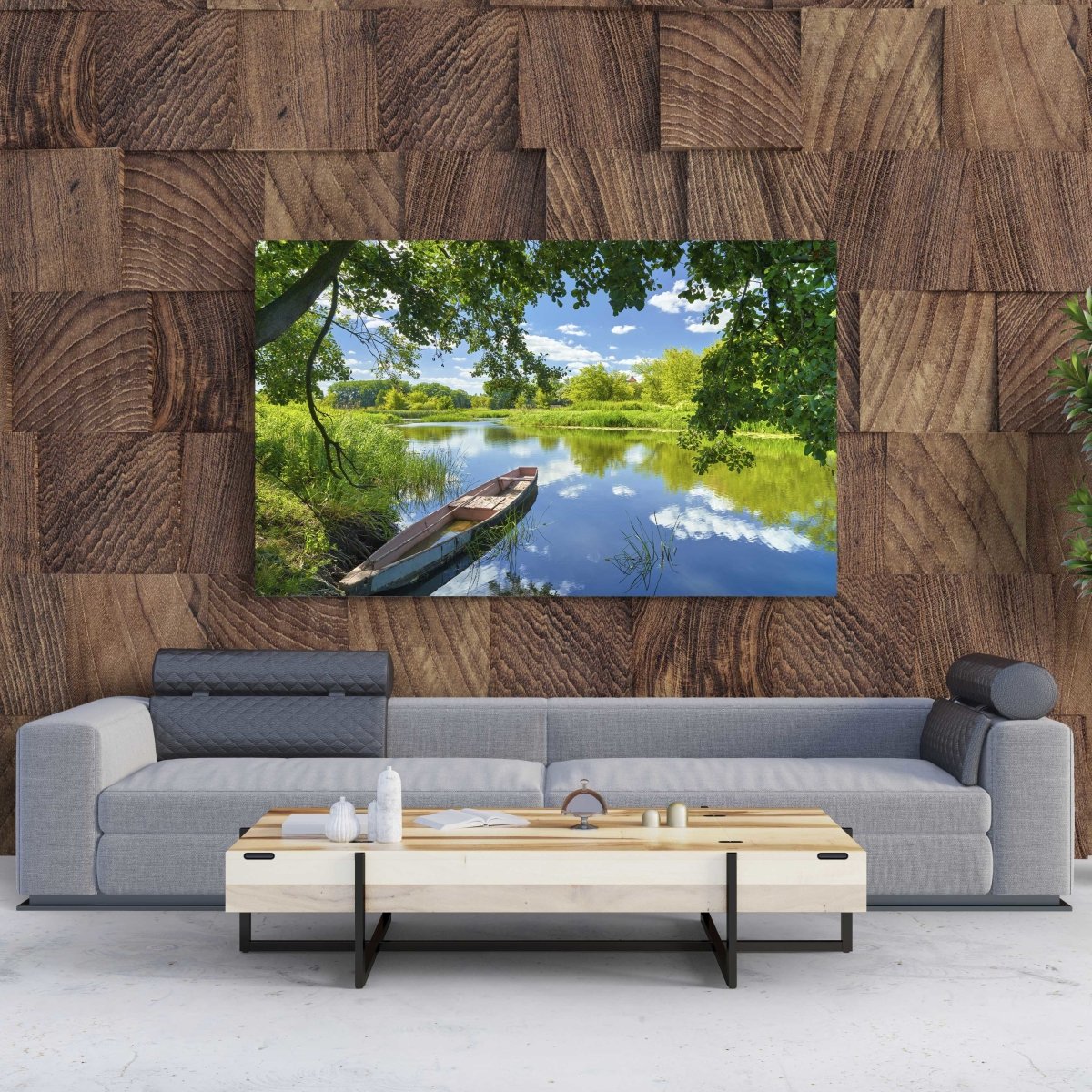 Tablou Canvas Sky Clouds, River, Boat, Green Trees - clevny.ro