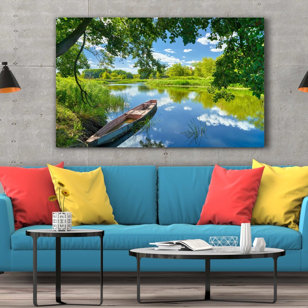 Tablou Canvas Sky Clouds, River, Boat, Green Trees - clevny.ro
