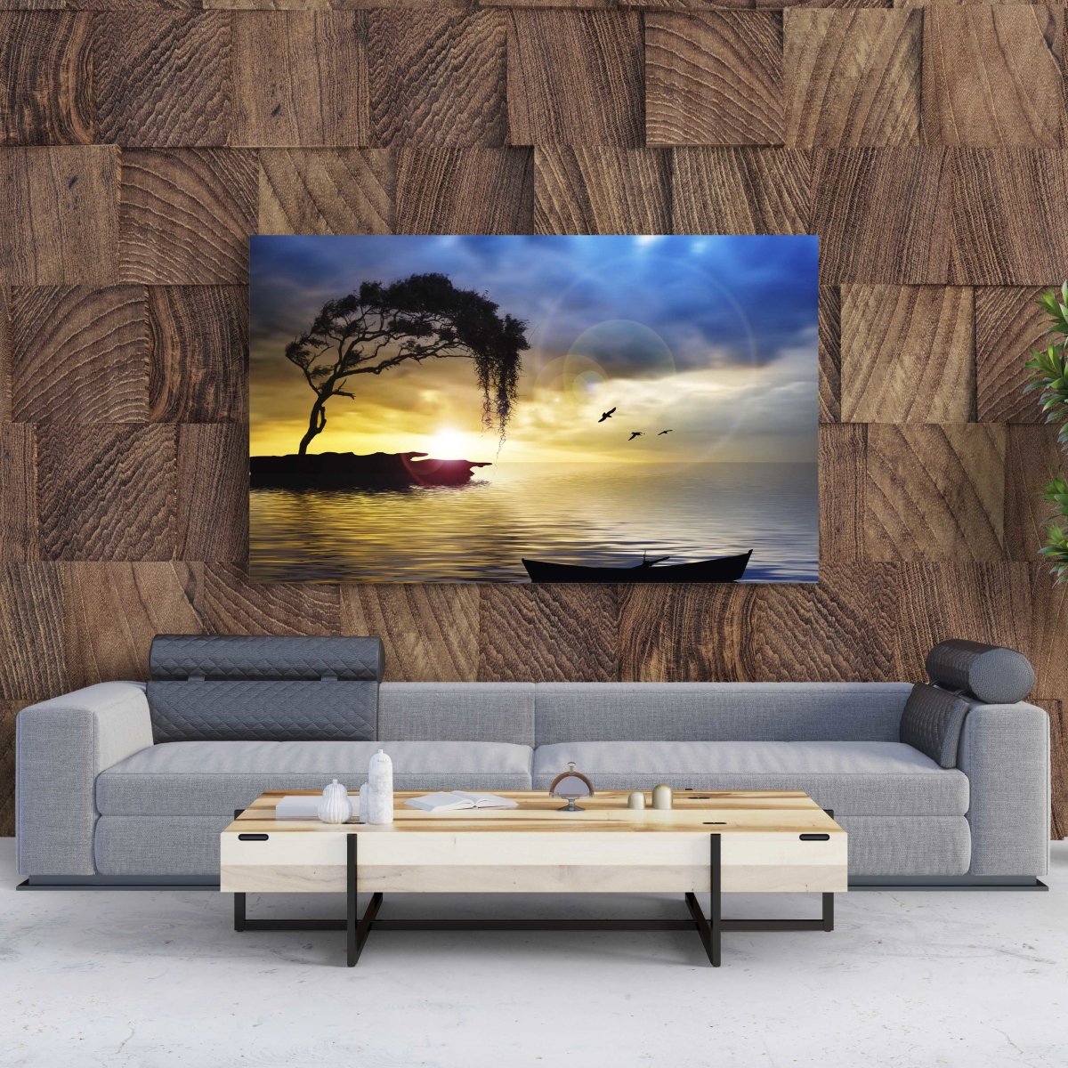 Tablou Canvas Tree, Boat and Sea Painting - clevny.ro