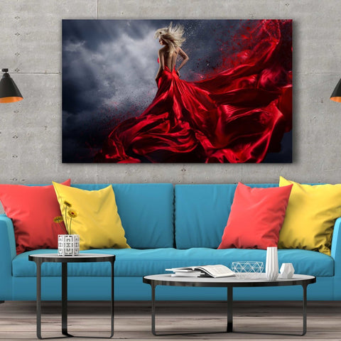 Tablou Canvas Woman in Red Dress Dance over Storm Sky - clevny.ro