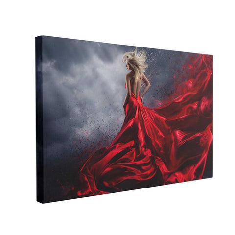 Tablou Canvas Woman in Red Dress Dance over Storm Sky - clevny.ro