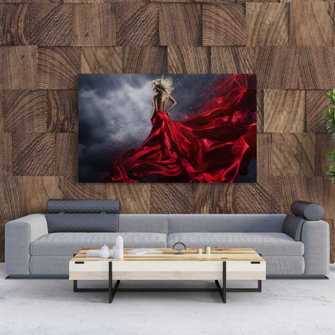 Tablou Canvas Woman in Red Dress Dance over Storm Sky - clevny.ro