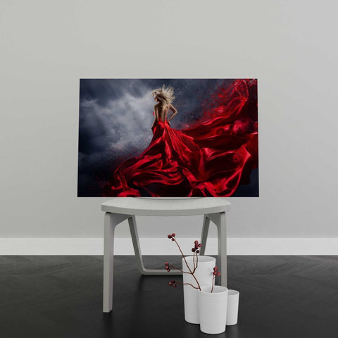 Tablou Canvas Woman in Red Dress Dance over Storm Sky - clevny.ro