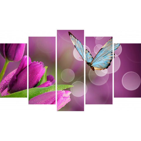 Tablou Forex 5 piese Butterfly and Purple Tulips - clevny.ro