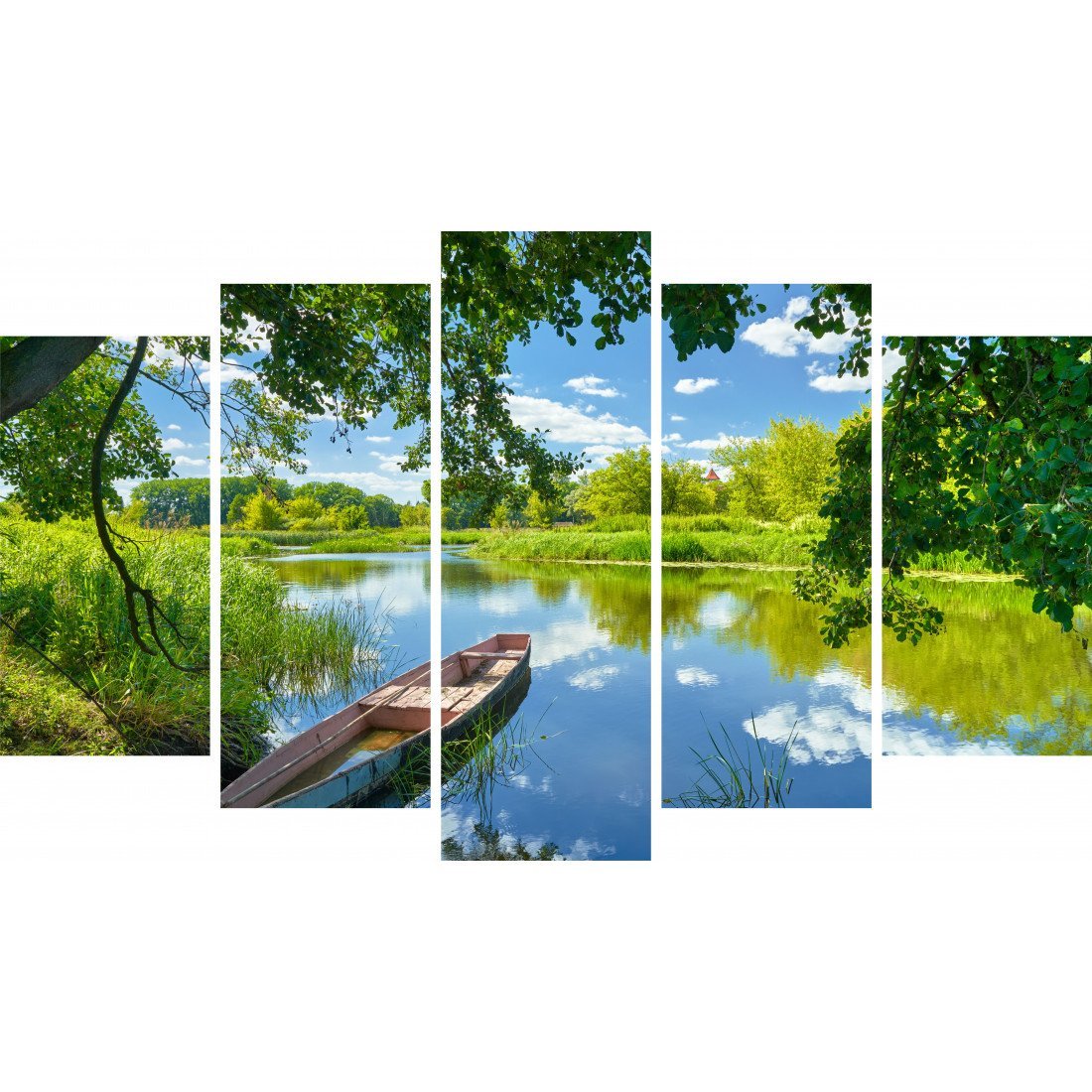 Tablou Forex 5 piese Sky Clouds, River, Boat, Green Trees - clevny.ro
