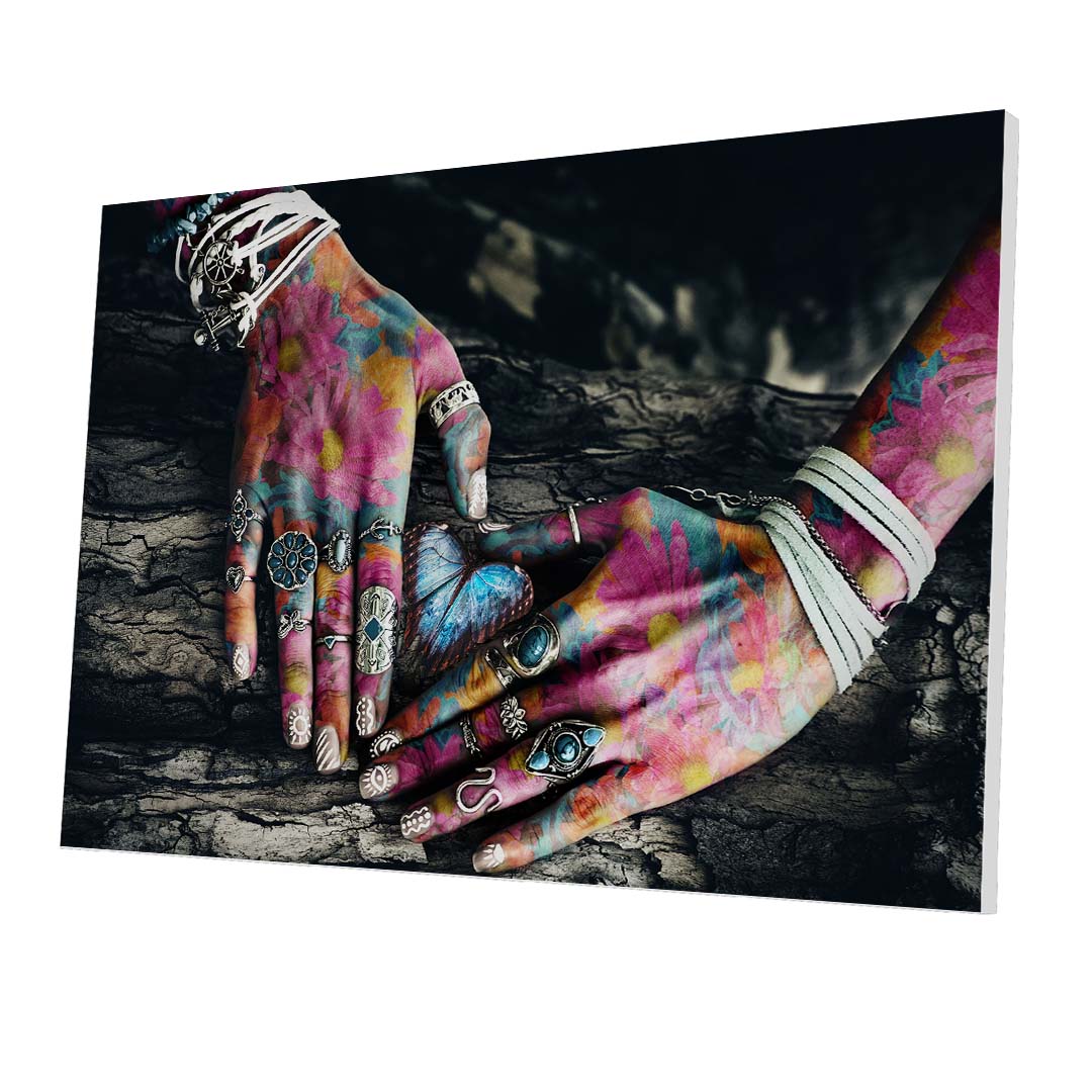 Tablou Forex Colorful Hands on Tree Surface - clevny.ro