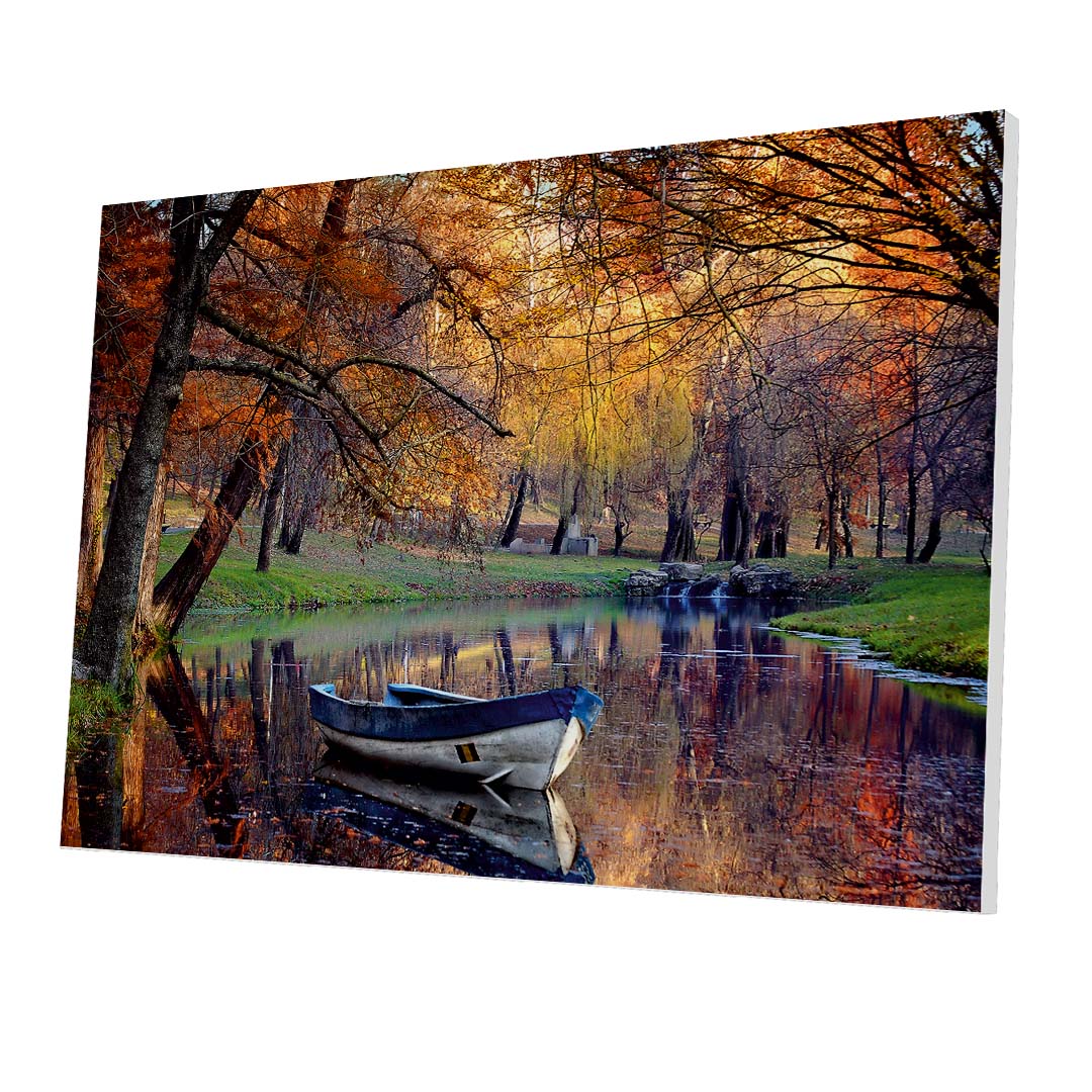 Tablou Forex Old Boat in Pond with Fall Trees - clevny.ro