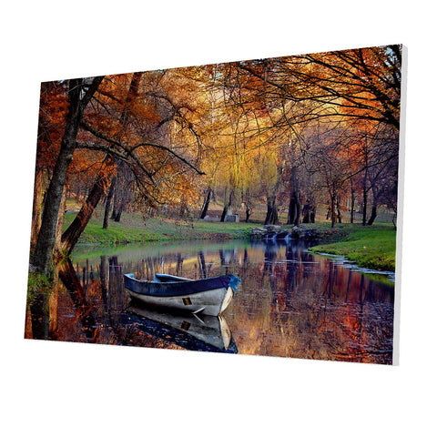 Tablou Forex Old Boat in Pond with Fall Trees - clevny.ro