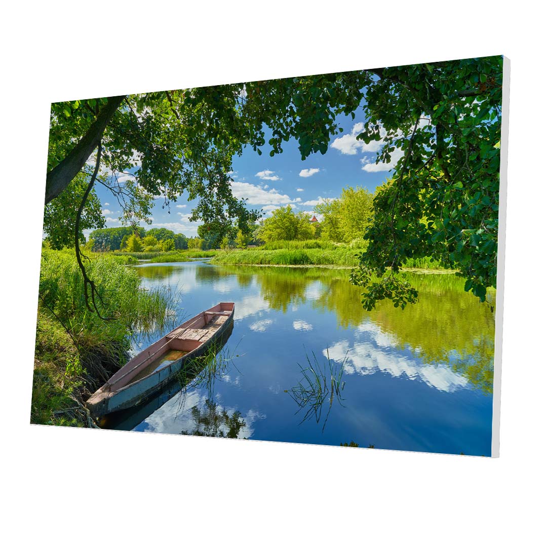 Tablou Forex Sky Clouds, River, Boat, Green Trees - clevny.ro