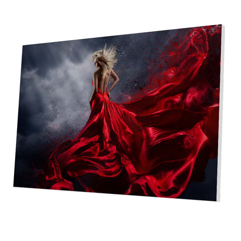 Tablou Forex Woman in Red Dress Dance over Storm Sky - clevny.ro