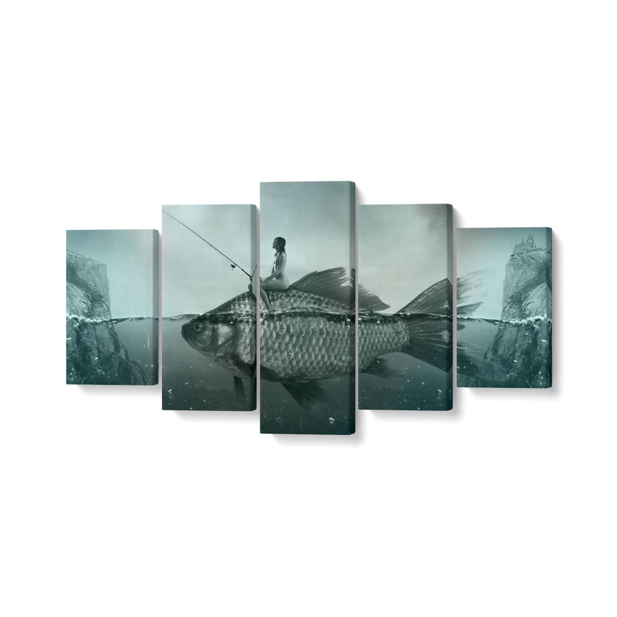 Tablou MultiCanvas 5 piese Artistic Fish with Woman Fishing - clevny.ro
