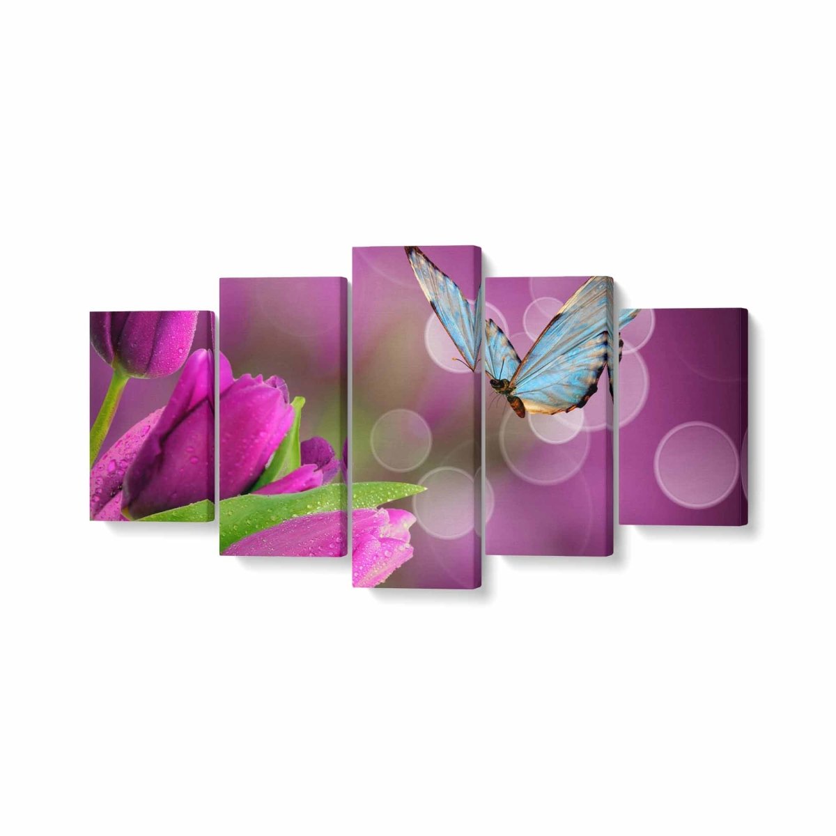 Tablou MultiCanvas 5 piese Butterfly and Purple Tulips - clevny.ro