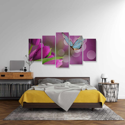 Tablou MultiCanvas 5 piese Butterfly and Purple Tulips - clevny.ro