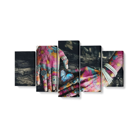 Tablou MultiCanvas 5 piese Colorful Hands on Tree Surface - clevny.ro