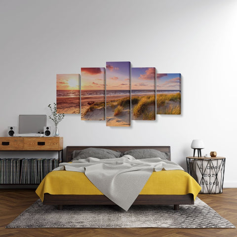 Tablou MultiCanvas 5 piese Seaside with Sand Dunes at Sunset - clevny.ro