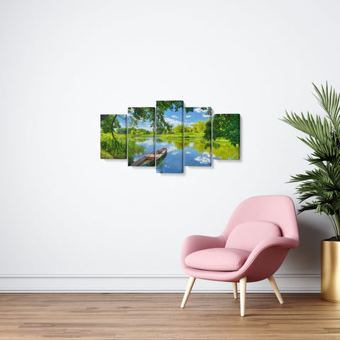 Tablou MultiCanvas 5 piese Sky Clouds, River, Boat, Green Trees - clevny.ro