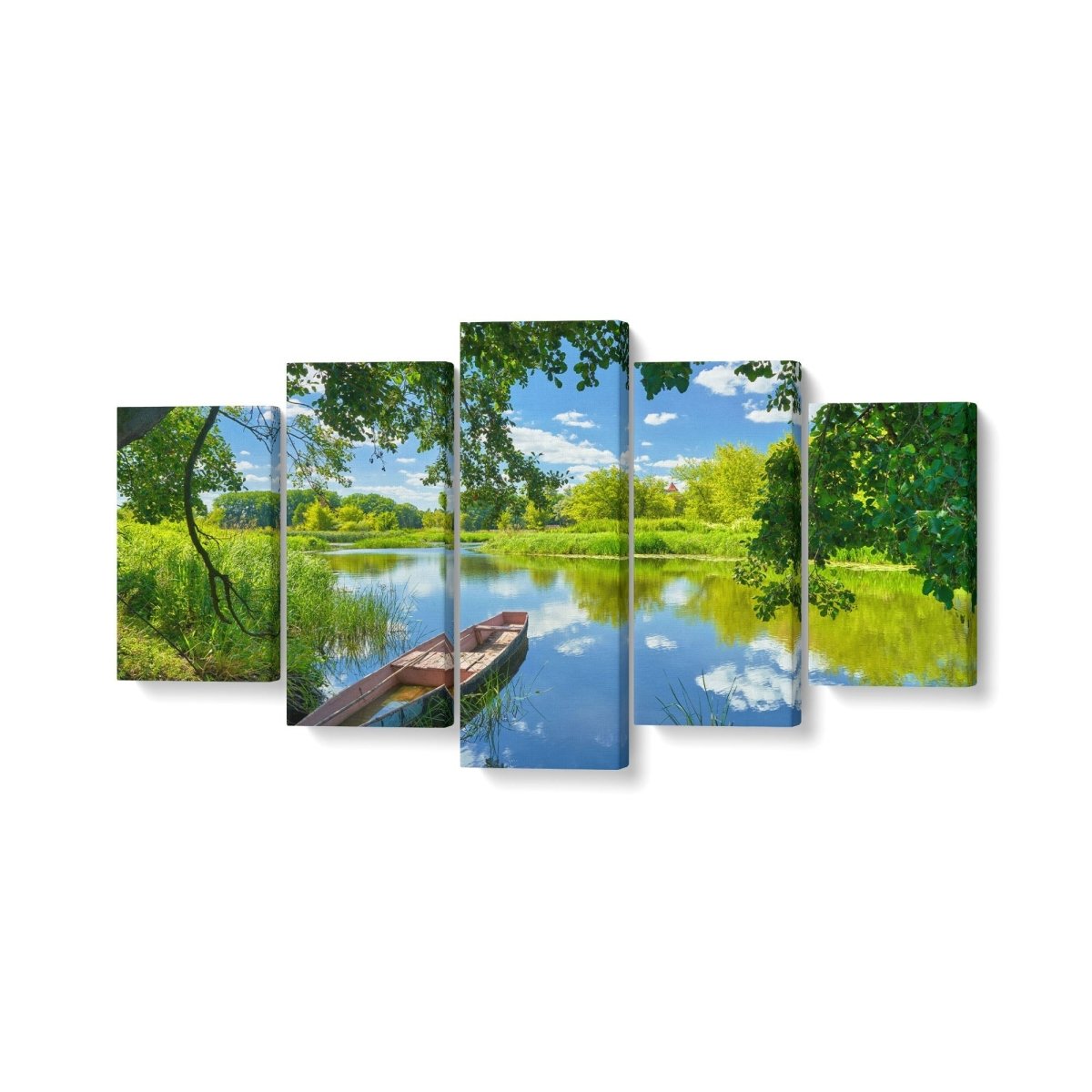 Tablou MultiCanvas 5 piese Sky Clouds, River, Boat, Green Trees - clevny.ro