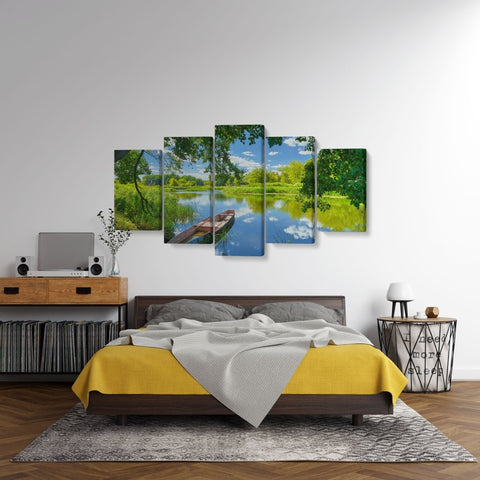 Tablou MultiCanvas 5 piese Sky Clouds, River, Boat, Green Trees - clevny.ro