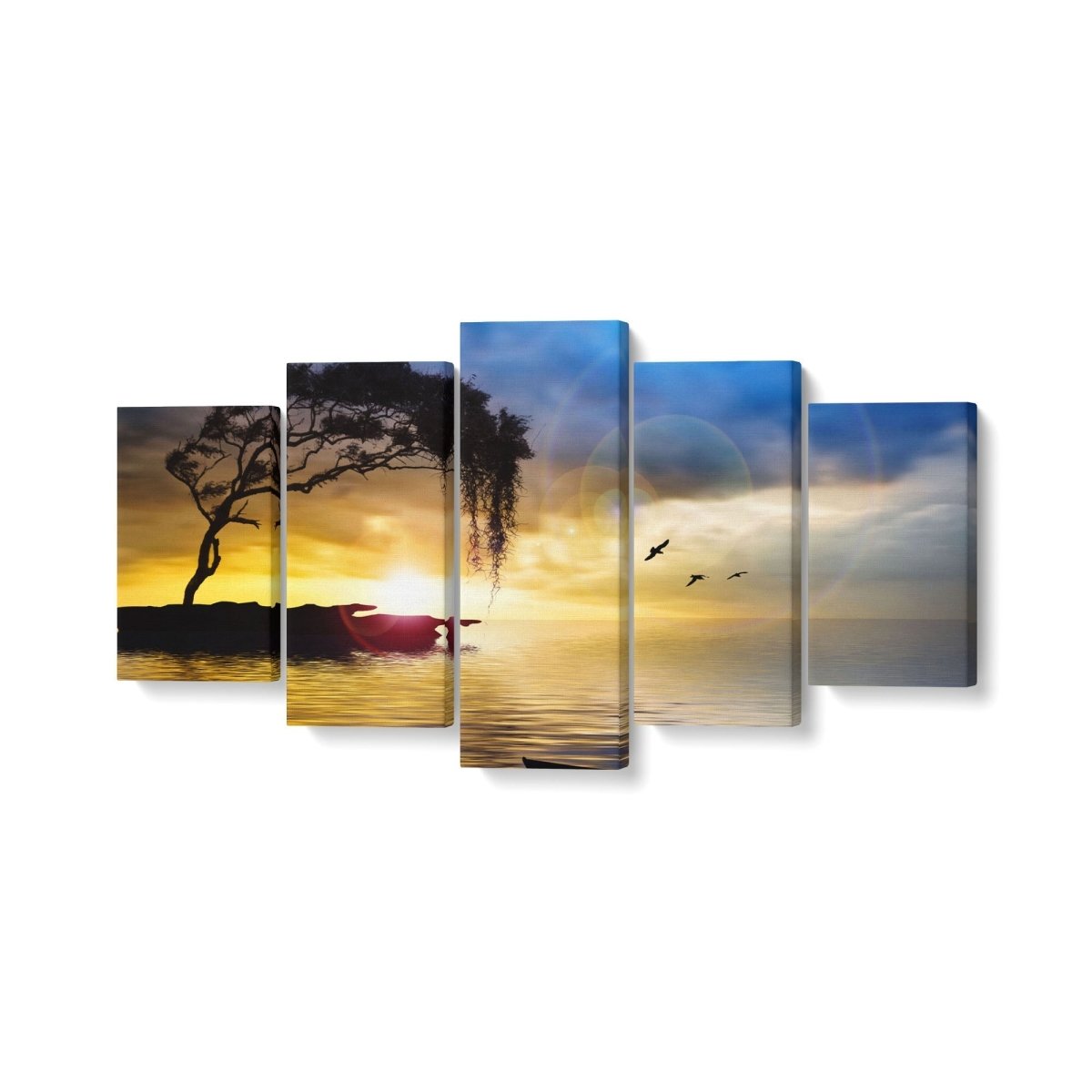 Tablou MultiCanvas 5 piese Tree, Boat and Sea Painting - clevny.ro