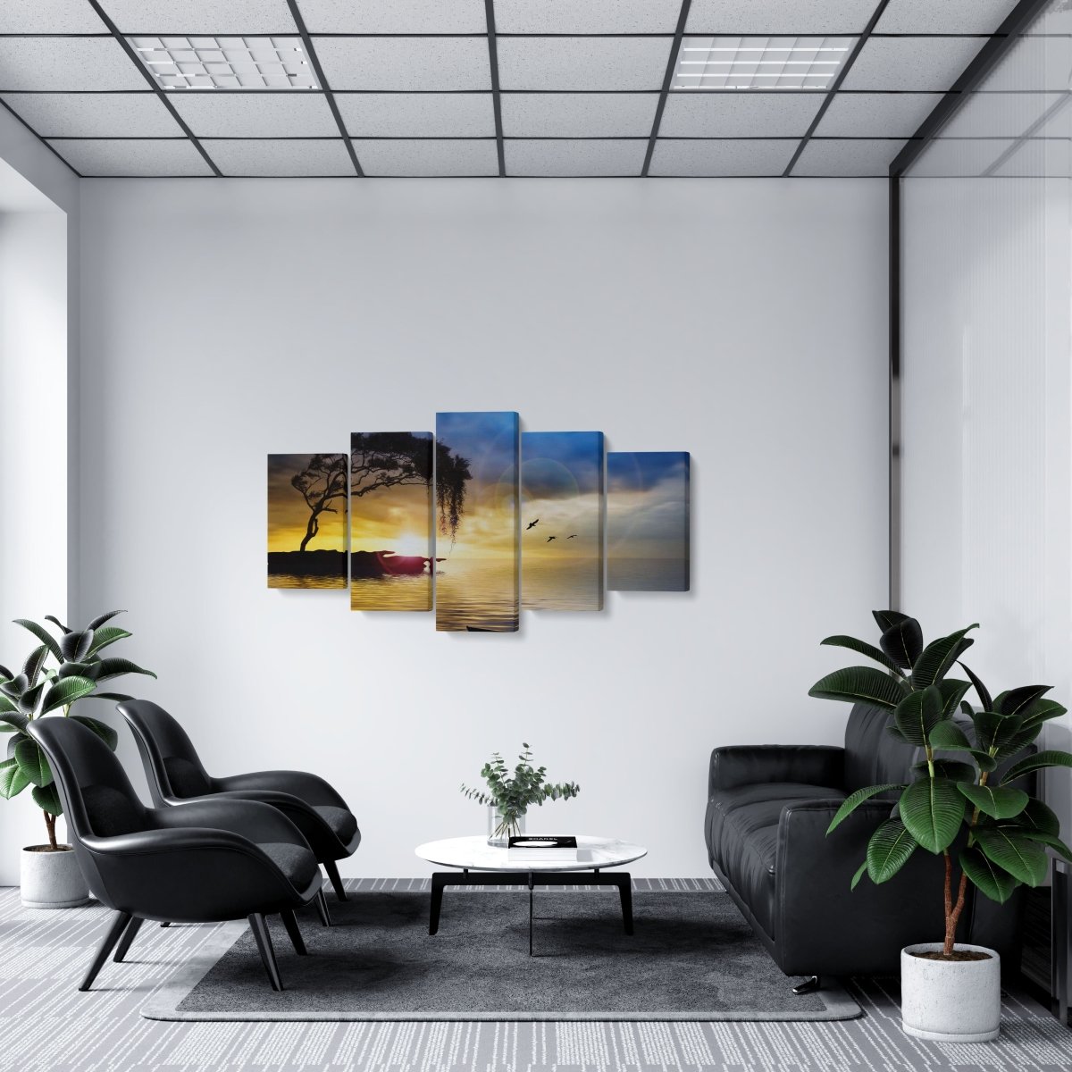 Tablou MultiCanvas 5 piese Tree, Boat and Sea Painting - clevny.ro