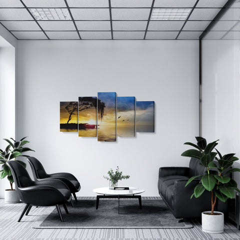 Tablou MultiCanvas 5 piese Tree, Boat and Sea Painting - clevny.ro