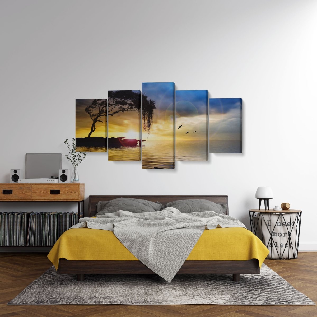 Tablou MultiCanvas 5 piese Tree, Boat and Sea Painting - clevny.ro